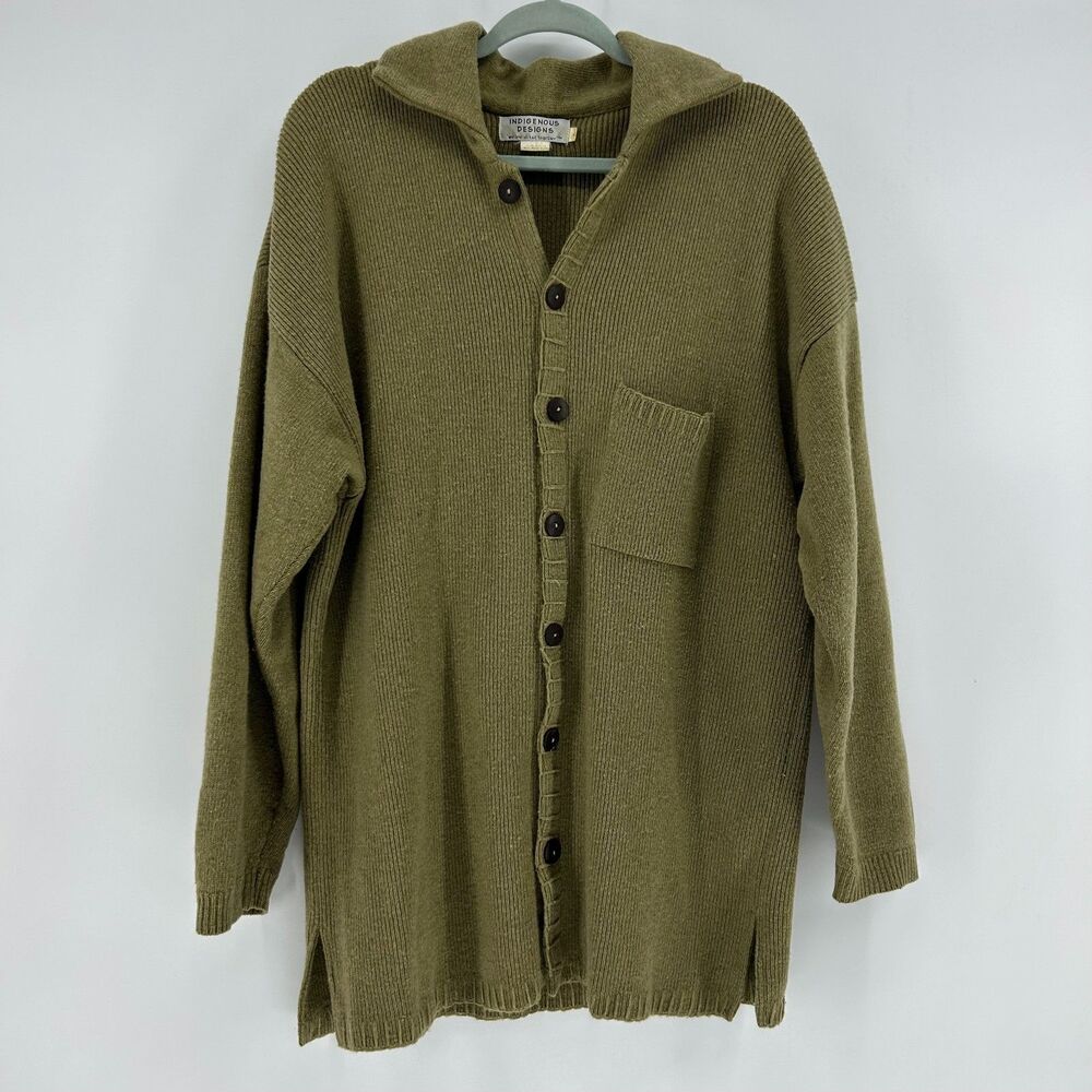 Indigenous Designs Wool Cardigan Sweater Women's Olive Green Button Up Knit